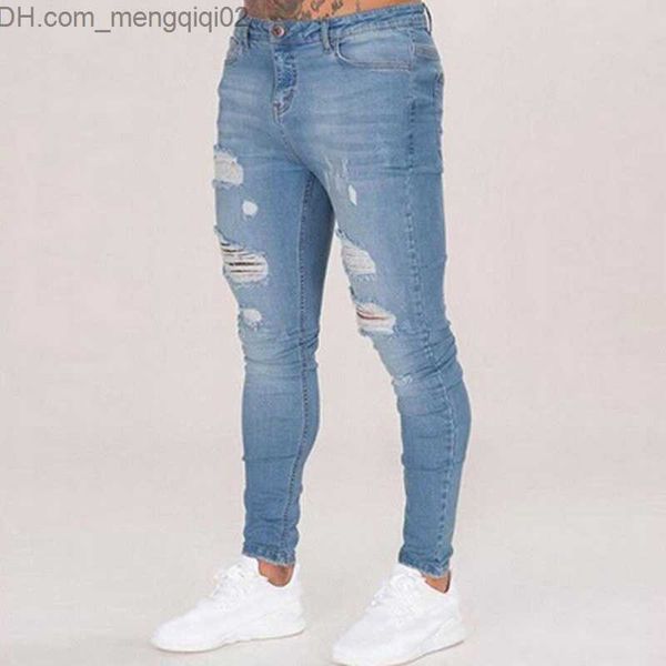 Jeans masculino jeans rasgado para homens casual preto azul skinny slim fit jeans biker hip hop jeans com calça jeans Holel sexy Z230706