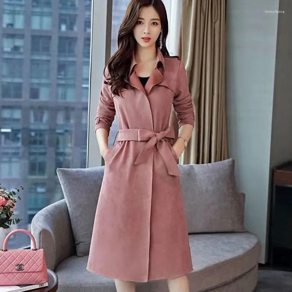 Trench Coats Feminino Feminino Casaco de Camurça Sintética Primavera Outono Longo Sobretudo à Prova de Vento Feminino Casual Jaqueta Jaqueta Cardigã Cinto Caqui