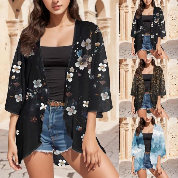 Blusas femininas femininas estampa floral manga bufante kimono cardigã solto encobrimento estilo europeu americano blusas blusas sólidas roupas de trabalho