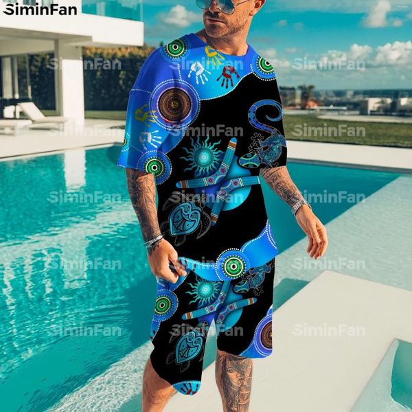 Herren-Trainingsanzüge, Aboriginal Blue Turtle Lizard 3D-gedruckte Herren-T-Shirts, Shorts-Set, Sommer-Trainingsanzug, zweiteilige Sportbekleidung, männliches Freizeit-T-Shirt