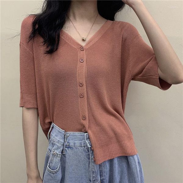 Kadın Sweaters Yasuk Bahar Yaz Moda Katı Sıradan Gömlekler Düğmesi Hardigan Kazak Kısa Kollu Slim Gevşek Tees Top Gentle İnce