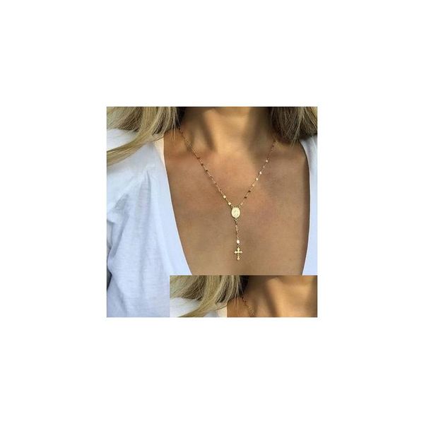 Anhänger Halsketten Mode Frauen Y Form Lariat Kreuz Gesegnete Jungfrau Maria Religion Einfache Kette Für Damen Luxus Schmuck Geschenk Drop dh1Kn