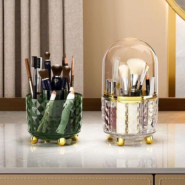 Scatole di immagazzinaggio Organizer rotante per pennelli da trucco da tavolo con coperchio Scatola cosmetica Rossetto portatile Porta eyeliner Penna per la cura della pelle