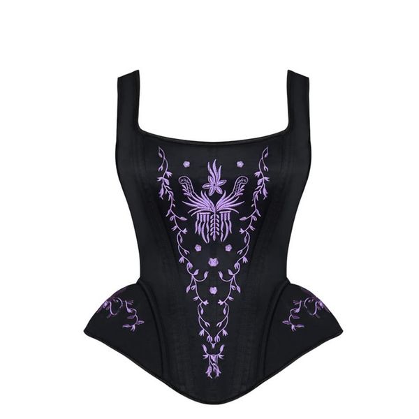 Corsetto da donna con scollo all'americana Disossato in acciaio Steampunk Broccato Ricamo Corsetti overbust con cinturini Controllo della vita Cerniera Allenamento in vita 2765