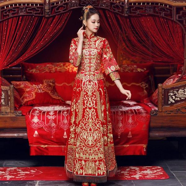 Mulheres Vestido de Noiva Oriental Qipao Vermelho Vestido de Noiva Estilo Chinês Bordado Cheongsam Toast Vestuário Terno Presente de Casamento Étnico182H