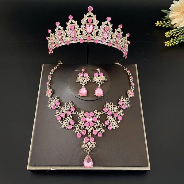 Collana Orecchini Set Splendidi diademi di cristallo rosa da sposa per le donne Corona di fiori Set di girocollo Gioielli da sposa per la sposa