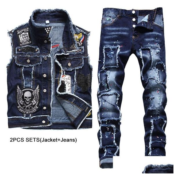 Männer Trainingsanzüge 2023 Neue Blaue Männer 2 Stück Sets Mode Slim Casual Stickerei SKL Denim Weste Und Ragged Paint Stretch Jeans Conjun DHS0T