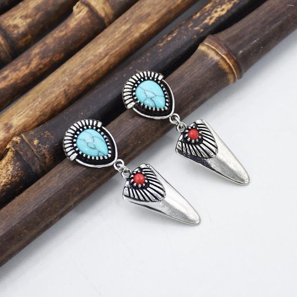 Gestüt Ohrringe Fashion Bohemian Vintage Tibetan Silber natürlicher türkiser eingelegtes blaues roter Edelsteindreieck Anhänger