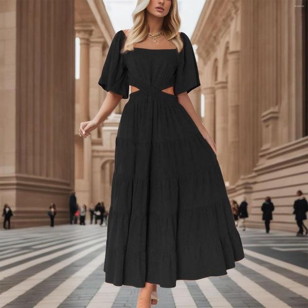 Casual Kleider Sommer Sexy Backless Midi Kleid Frauen Square Neck Blase Hülse Lange Weibliche Mode Taille Ausgeschnitten Französisch Vintage