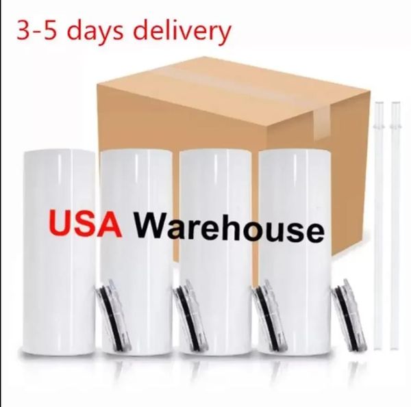 US CA Local Warehouse 20 oz Sublimation Straight Tumblers Blank White Aço Inoxidável Isolado a Vácuo Slim DIY 20 oz Cup Car Coffee Mugs White