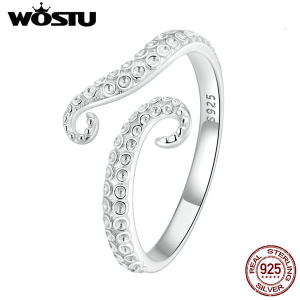 С боковыми камнями Wostu 100 Real 925 Severling Silver Simple Octopus Whisker Open Cring для женщин Модные регулируемые морские животные.