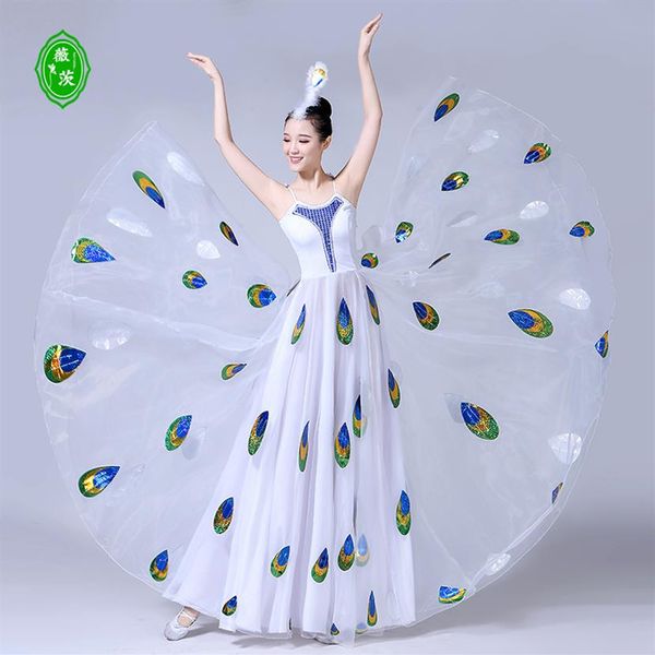 Yeni açılış dans performansları dai dans kostümü yetişkin kadın kuş şovu beyaz tavus kuşu ruh ipliği büyük etek3151