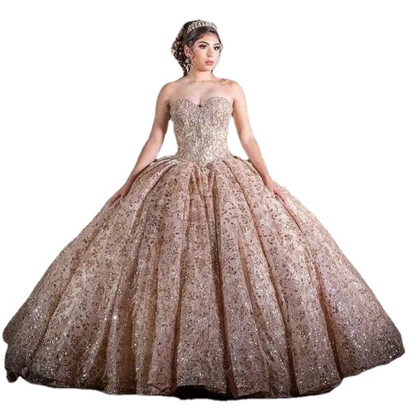 Rose Gold Perlen Spitze Rosa Chrro Ballkleid Quinceanera Kleider Maßgeschneiderte Schatz Vestidos De XV Anos Prom Party Kleid Für Süße 15 Mädchen