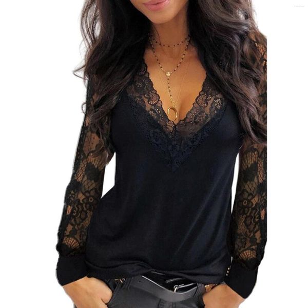 Camicette da donna a maniche lunghe sexy trasparenti trasparenti con scollo a V profondo in pizzo nero blu bianco rosso camicetta da donna trasparente top abbigliamento