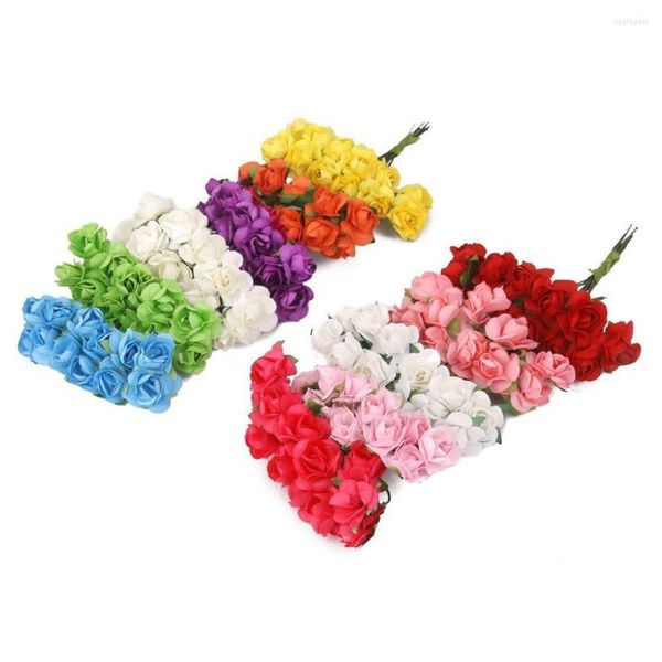 Flores decorativas 144 pçs mini rosa de papel artificial com haste de arame faça você mesmo buquê de casamento para decoração de casa guirlanda de natal