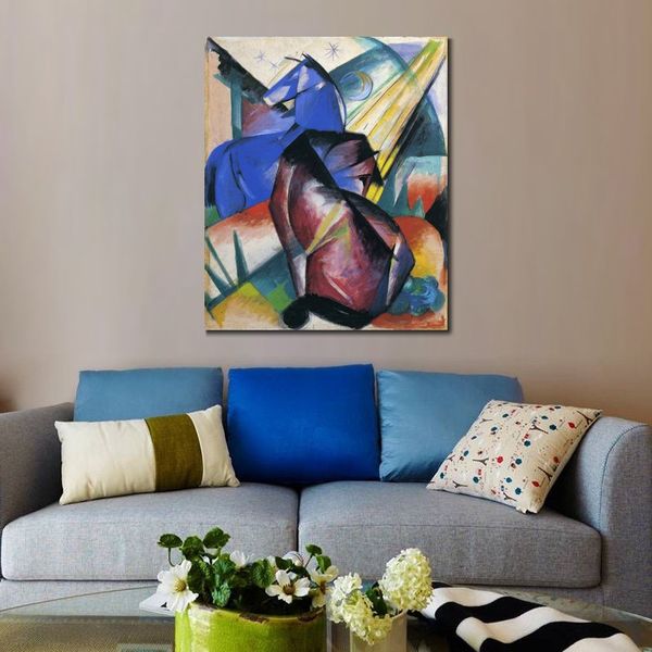Paesaggio astratto su tela Due cavalli rosso e blu Franz Marc Dipinto ad olio Opera d'arte impressionista fatta a mano