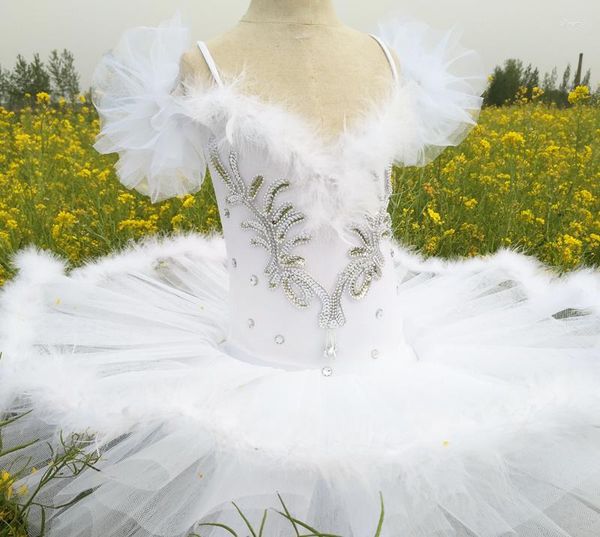 Traje de palco balé profissional tutu panqueca crianças branco fantasia lago dos cisnes crianças dança meninas saias bailarina de penas