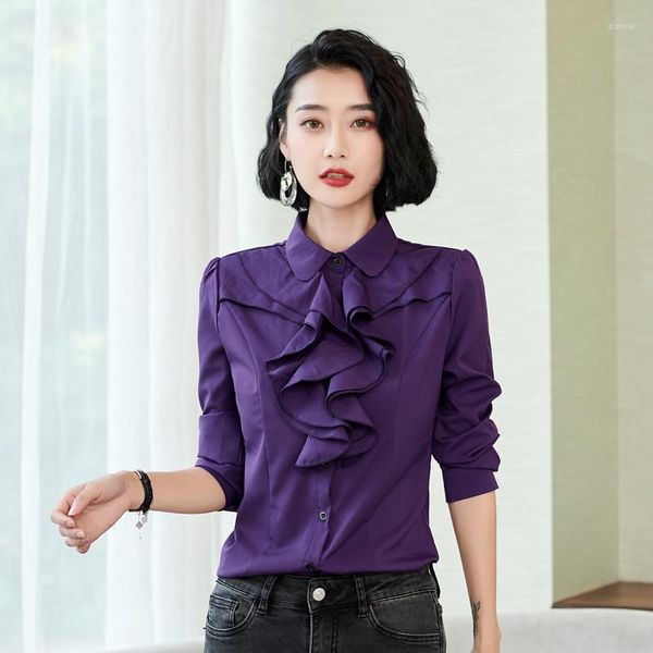 Женские блузки женщины с длинным рукавом рубашка с твердым пурпурным белым корейским тонким шифона