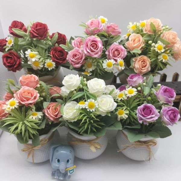 Dekorative Blumen, künstliche Heimdekoration, Simulationspflanze, Kunststoff, gefälschte Blumen im Topf, Wohnzimmer-Ornament, Rose, kleines Gänseblümchen-Set