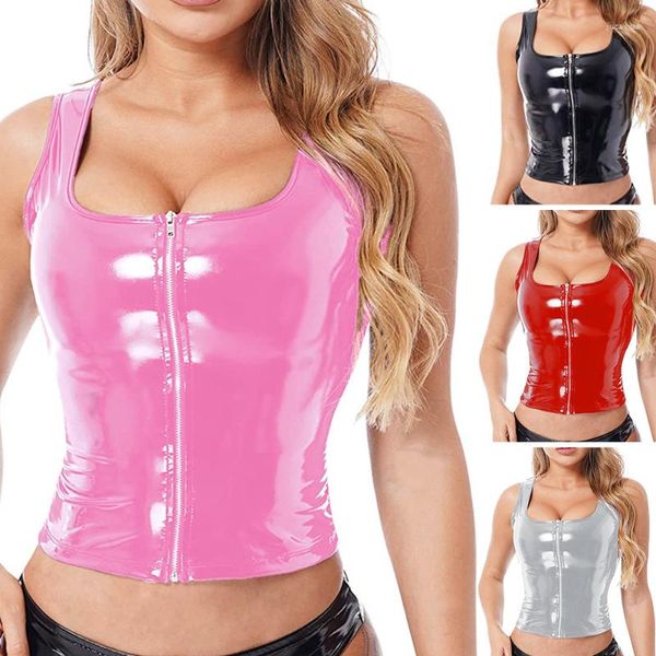 Damen Tanks Frauen PVC Latex Leder Sexy Tank Crop Top Ärmellos Reißverschluss Tops Festival Rave Kleidung Nachtclub Pole Dance Performance