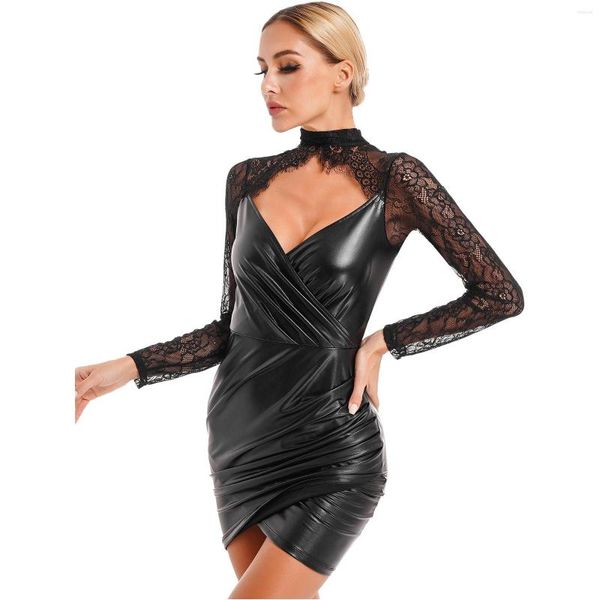 Freizeitkleider Damen Latex Leder Sexy Minikleid Blumenspitze Langarm Figurbetonter Bleistift für Clubwear Cocktailparty Nachtclub