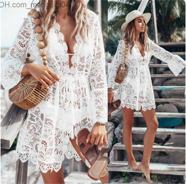 Costumi da bagno da donna Costumi da bagno da donna Summer Lace Women Sexy Bikini all'uncinetto Cover Up Floral White Black Beach Suit Dress Top 220325 Z230705