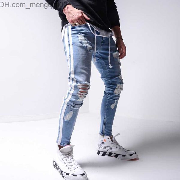 Erkek kot pantolon yırtık kurşun kalem pantolon erkek sıska denim bisikletçi yan çizgili yıkılmış delik hip hop ince fit adam çizik jean hombre z230707