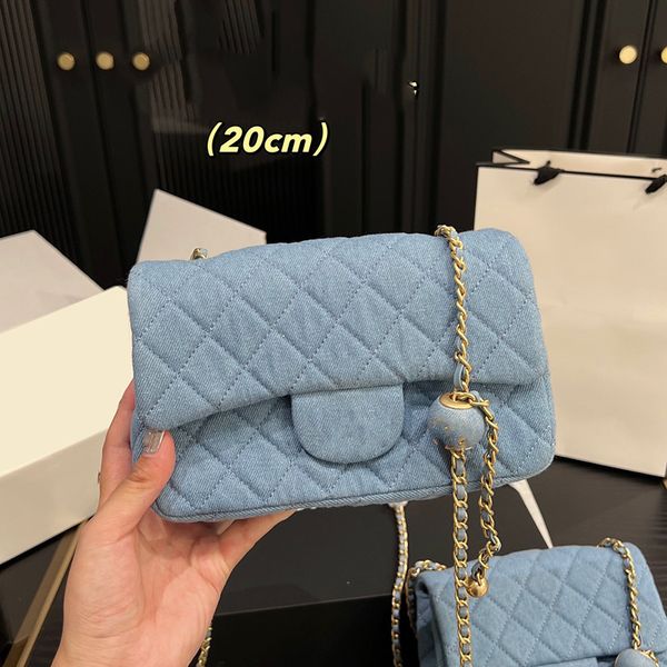 Jeans Feminino Clássico Mini Flap Jeans Crush Pearl Ball Bags Ferragens de Metal Dourado Corrente Matelasse Bolsas de Ombro Acolchoadas Bolsa Azul Designer 17cm/20cm