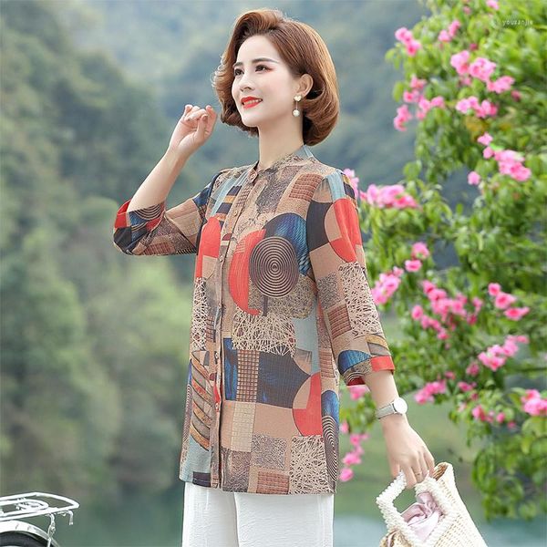 Damblusar Dam Cardigan Sommar Bohemiskt blommigt tryckt Kimono Casual Lösa strandtröjor Vintage 3/4-ärmar Blusas-skjortor