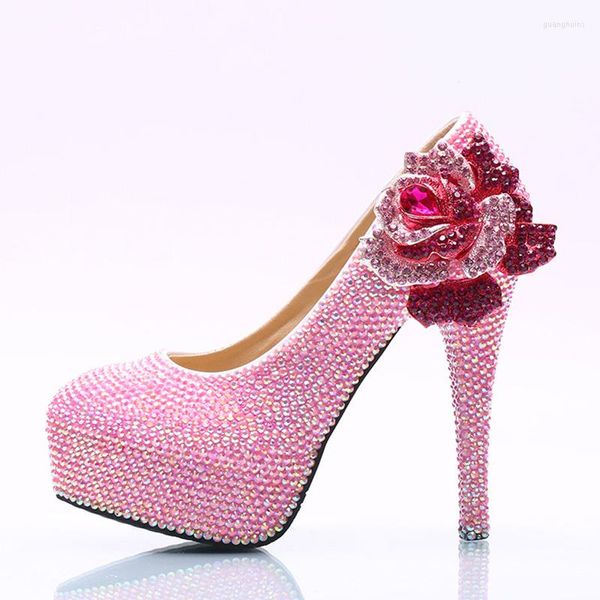 Scarpe eleganti Taglie forti 45 Tacchi da ballo di compleanno fatti a mano per feste di matrimonio con strass di fiori di colore rosa AB