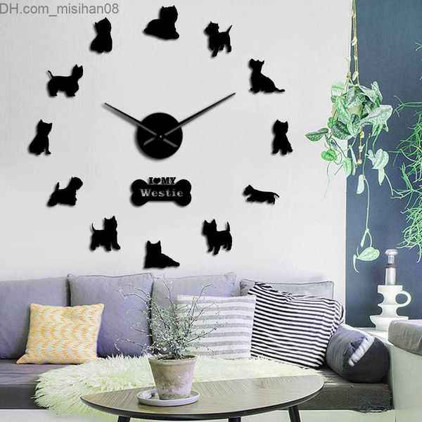 Relógios de parede West Highland Terrier Westie Dog Breed Long Clock Hand 3D DIY Wall Clock Puppy Animal Autoadesivo Big Acrílico Time Clock Watch T200104 Z230705