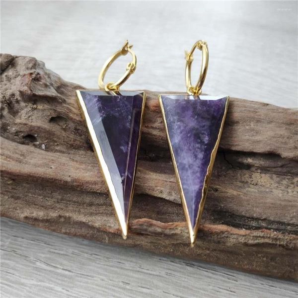 Brincos pendentes FUWO esculpidos em forma de triângulo ametistas banhado a ouro feito à mão natural roxo cristal argola brinco ER427 5 pares/lote