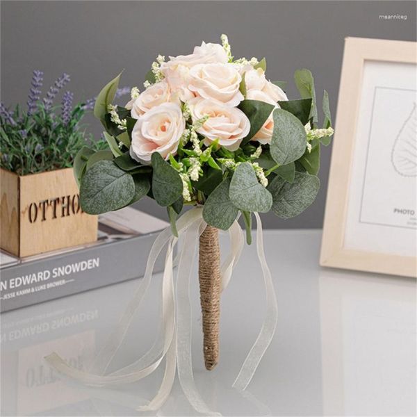 Fiori decorativi Fiore artificiale Bouquet da sposa Champagne Rose Matrimonio per la cerimonia della sposa Anniversario Decorazione del partito