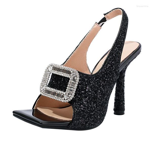 Сандалии Mkkhou Fashion Women Sequints Blingling Fish Rothrate Crystal Square Buckle High Heels Summer Modern Open Shoes