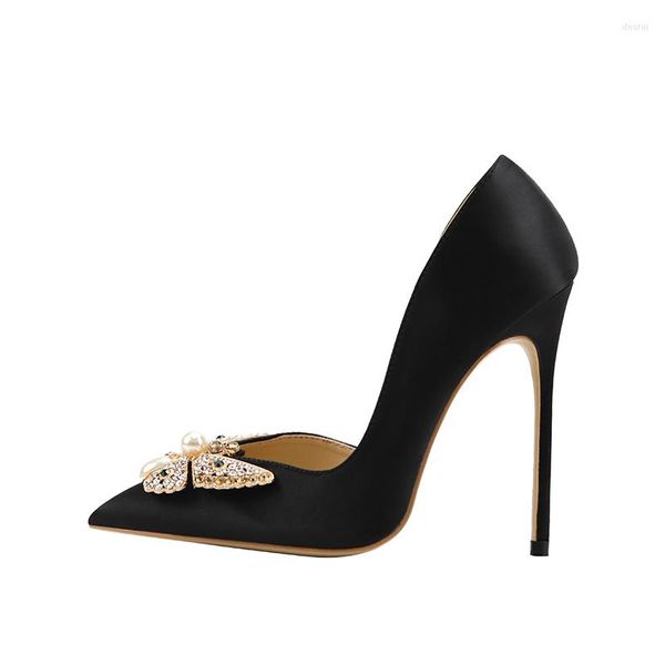 Scarpe eleganti Moda Donna Décolleté Farfalla in raso nero Perle Strass Punta a punta Stripper Tacchi Designer da sposa