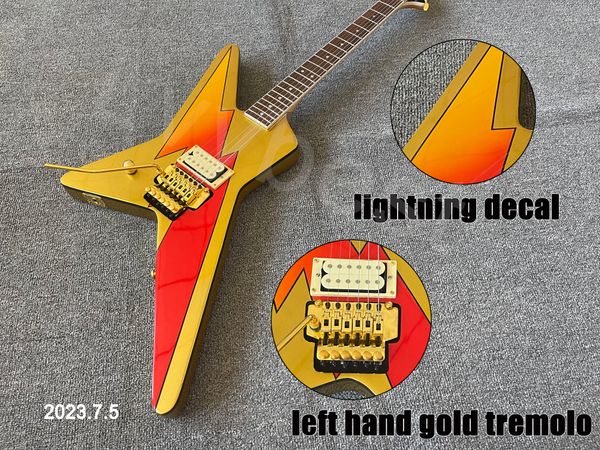 E-Gitarre für die linke Hand mit Lightning-Aufkleber, goldene Teile, Tremolo für die linke Hand, nur ein Steg-Tonabnehmer, ein Lautstärke-Griffbrett aus Palisander