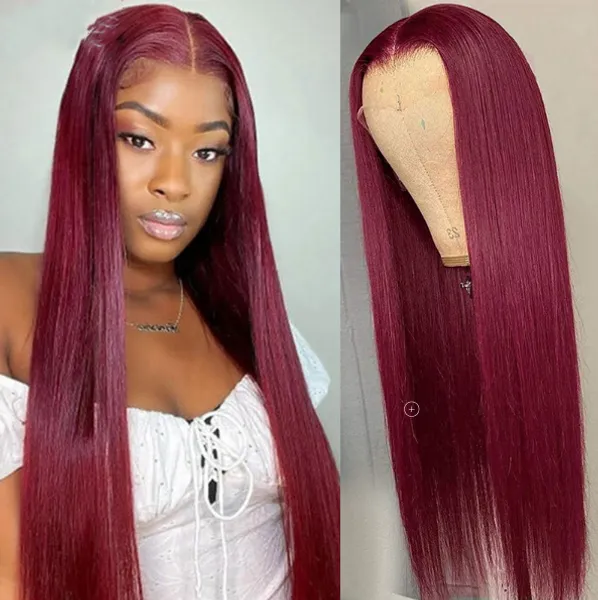 Burgundy Bone Straight Human Hair Wig 13x4 кружевные передние парики для женщин 99J Раскрашенные бразильские парики волос Реми 26 дюймов кружев
