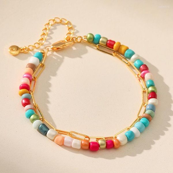 Charm Bracelets Bohemian Etnic Candy Bead Bracelet Multilayer Paperclip Copper Chain Beach Shell Fashion Y2k Jewelry For Woman Teens