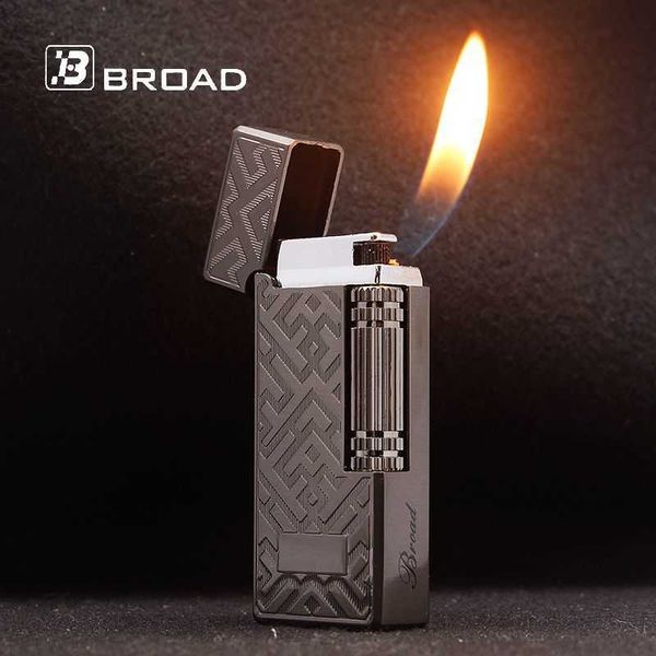 BROAD Flint Gás Isqueiro Butano Deslizamento Lateral Rebolo Isqueiros Cigarros Acessórios Aparelhos para Fumar Masculino E7D2 Não