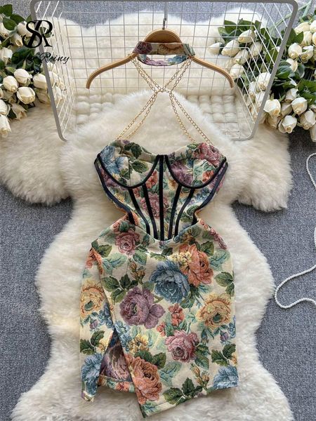 Vestidos casuais básicos SINGREINGY 2023 verão vintage espartilho fino sem alças vestido de verão floral sexy estampado francês retrô curto 230705