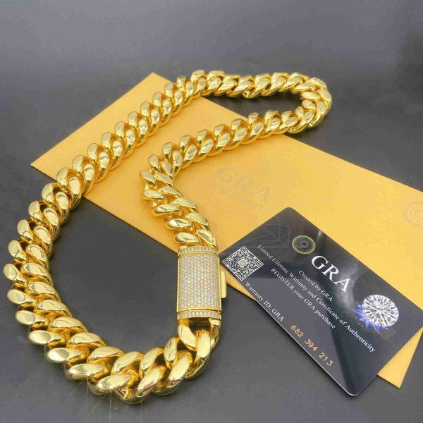 Joias de grife personalizadas Moissanite Diamante Fecho Miami Cuban Link Chain 14K Banhado a Ouro Aço Inoxidável Moda Colares Masculinos