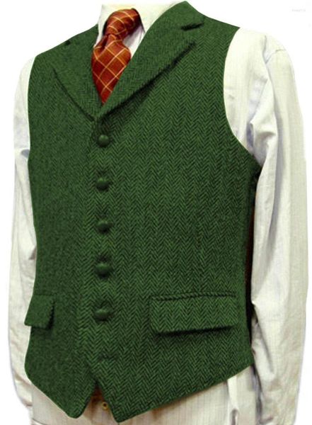 Coletes masculinos colete lapela decote em V terno masculino lã espinha de peixe negócio padrinho colete casual para casamento verde/preto/marrom/verde/cinza