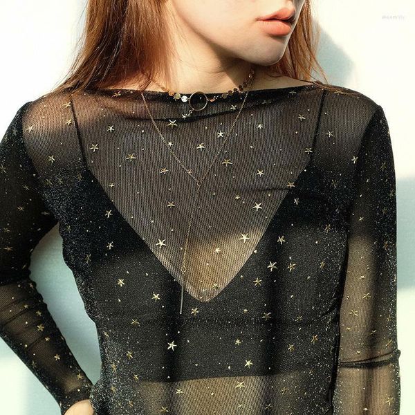 Camicette da donna Camicia sottile a maniche lunghe stampata alla moda estiva Camicetta nera in maglia trasparente