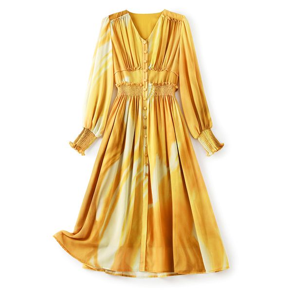 2023 Лето желтое контрастное цветовое платье с длинным рукавом V-образных обработков Midi повседневные платья W3L042102