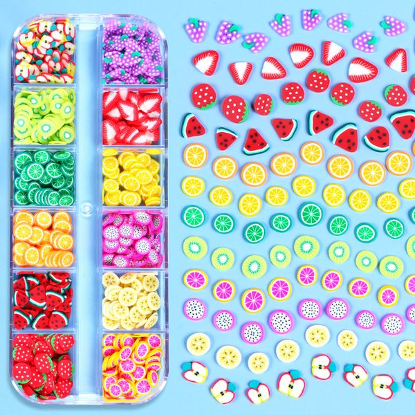 12 Gitter Obst-Polymer-Ton-Perlen, handgefertigt, flache Polymer-Ton-Scheiben-Cabochons für DIY-Nagelkunst, Schleimherstellung, Dekoration, Basteln