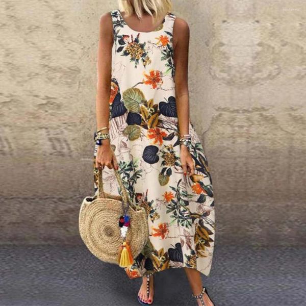 Freizeitkleider Sommerkleid Damen Vintage ärmellos mit Blumenmuster, langes Sommerkleid aus Baumwolle und Leinen, Baggy Beach