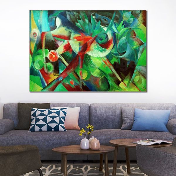 Большой абстрактный холст -искусство олени в цветочном саду Франц Марк Ручная окрашенная масляная живопись Установка для дома