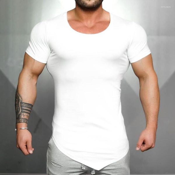 Erkekler H254 Marka Katı Giyim Spor Salonu T-Shirt Erkek Fitness Sıkı Pamuk İnce Fit Tişört Erkekler Vücut İnşa Yaz Top Boş