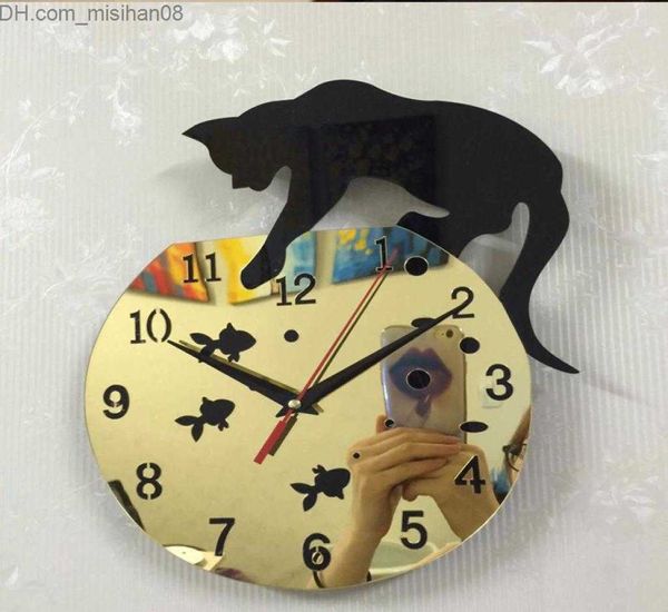 Relógios de parede Novo design Relógio de quartzo Gato Relógio de parede Espelho de acrílico Pared Horloge Agulha DIY Relógios Decoração de sala de estar Relógios modernos Adesivos 3D1125703 Z230705