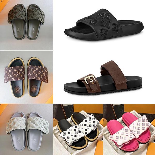 Luxus Herren Womens Slipper Plattform Pool Kissen Mules Frauen Sandalen Sonnenuntergang flache leichte Maultiere gepolstert vorderen Gurt Pantoffeln Hauszimmer Trainer Gummi -Fluffy Pantoffeln